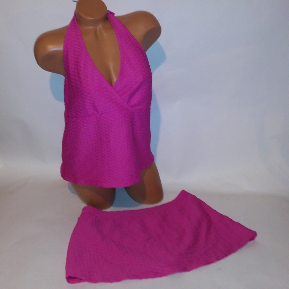 Lands End Swim Tankini 14-16 Pink Textured Halter Tank Skirted Attached Brief